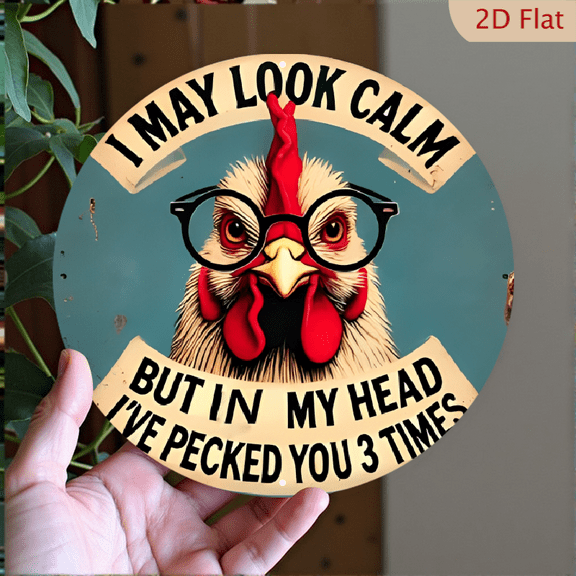 Humorous Chicken Wall Art Sign _I May Look Calm But In My Head I've Pecked You 3 Times_ - Retro Round Aluminum Hanging Plaque with Cartoon Rooster & Glasses Design - 8*8 Inch Rustic Decor for Home
