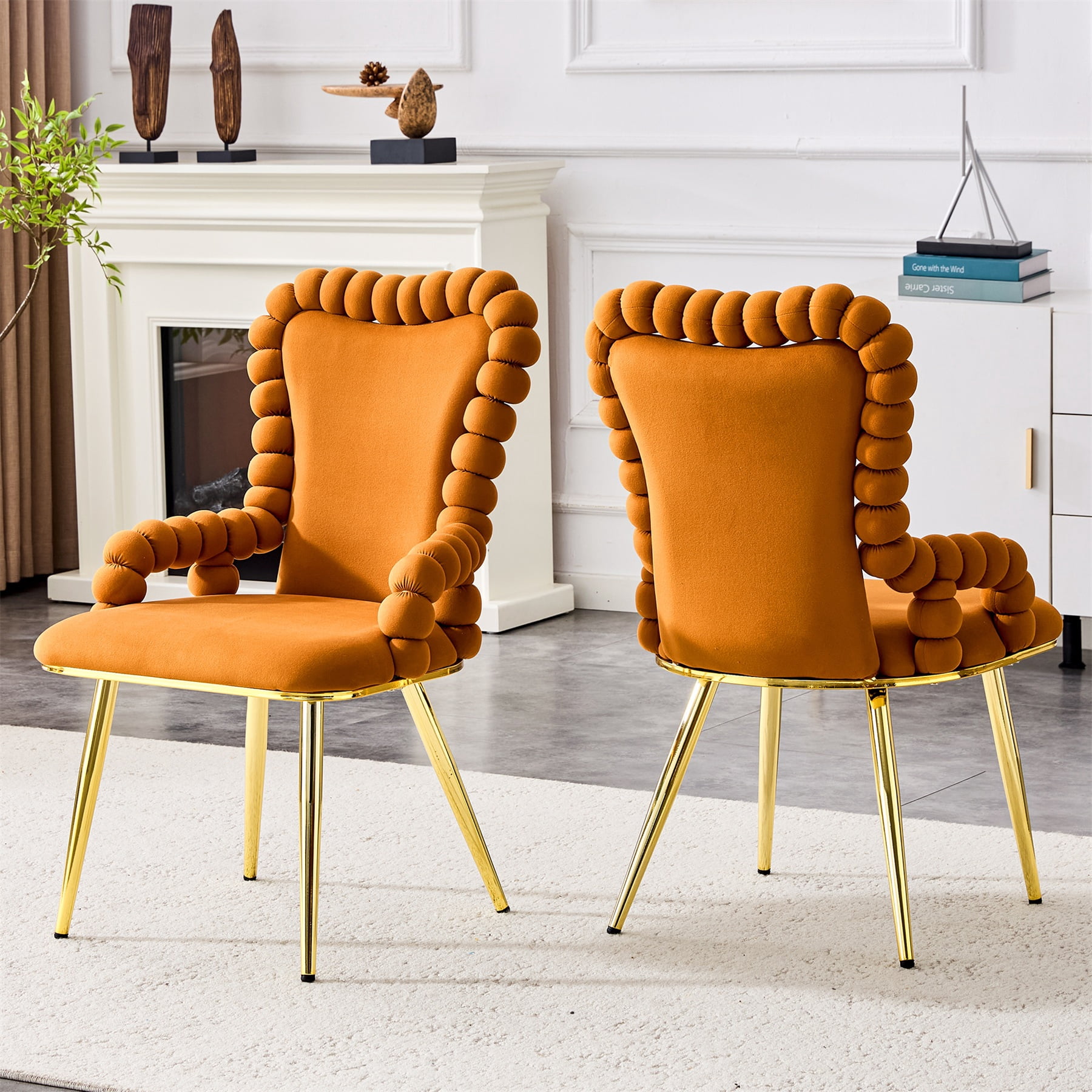 Alvantor Dining Chairs Set of 2, Modern Velvet Bubble Chairs with Armrests & Metal Legs, Upholstered Accent Chairs for Dining Room & Kitchen Orange