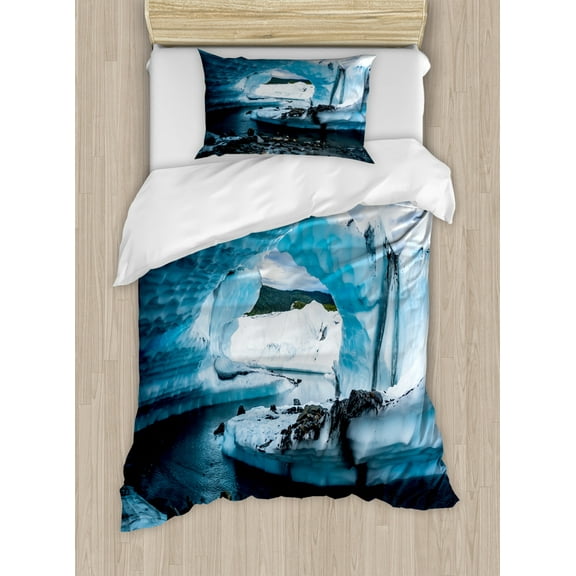 Ice Berg Duvet Cover Set Twin Size, Narrow River on the Matanuska Glacier, Decorative 2 Piece Bedding Set with 1 Pillow Sham, Dark Slate Blue Sea Blue Pale Ceil Blue Charcoal Grey, by Ambesonne