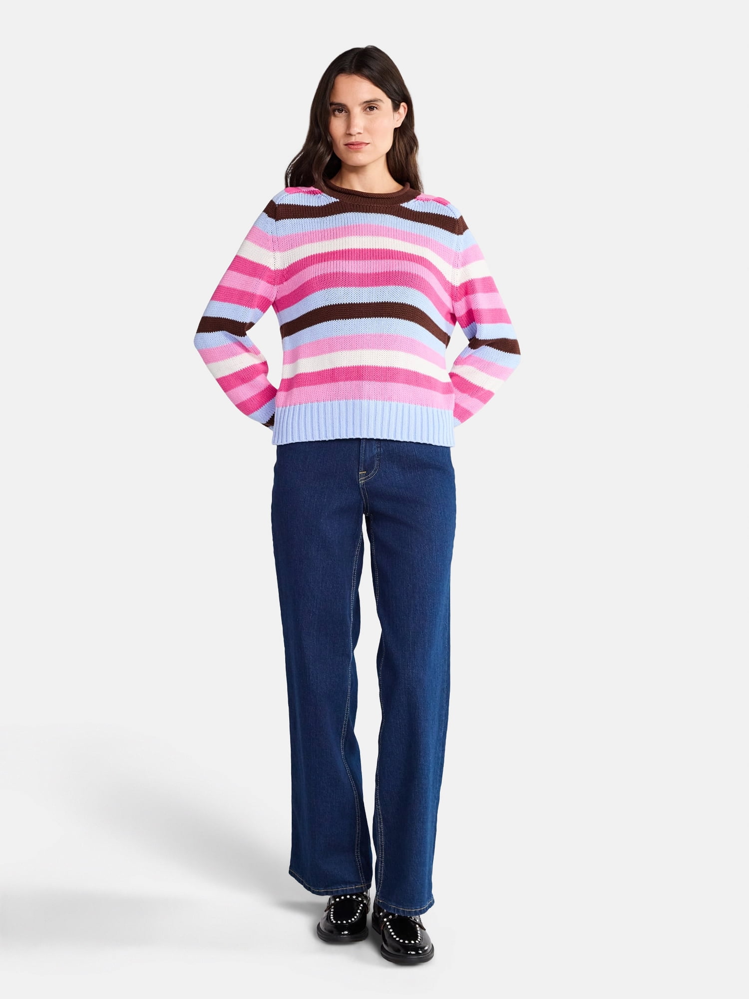 Free Assembly Women’s Saddle Shoulder Roll Neck Cotton Sweater with Long Sleeves, Sizes XS-XXL