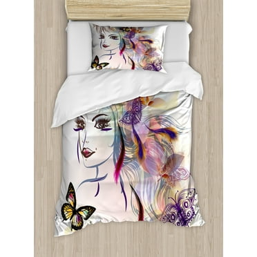 Fairy Duvet Cover Set Twin Size, Beautiful Girl Drawing Design with Butterflies Nature Illustration Facial Expression, Decorative 2 Piece Bedding Set with 1 Pillow Sham, Multicolor, by Ambesonne