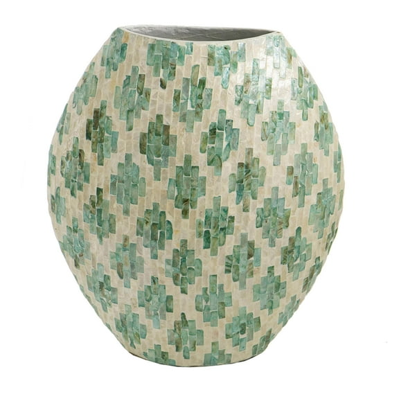 A&B Home  Green and Tan Diamond Pattern Capiz Vase Large 15 inches