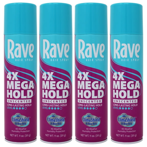 4 Pack Rave 4X Mega Aerosol Hairspray Now With ClimaShield, Unscented 11 Oz Each