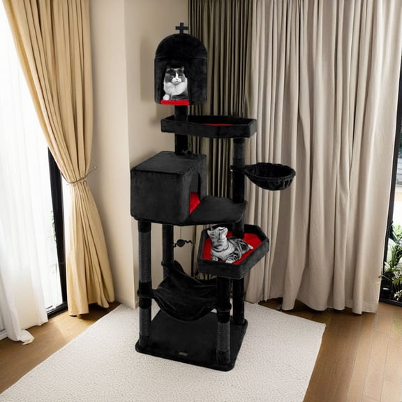 Demi Bonn 80" Gothic Cat Tree with Coffin Bed, Cat Tower with Scratching Post and Cat Condo, Cat Tree House with Hammock, for Small Medium Cats, Black