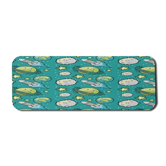 Space Computer Mouse Pad, Funny Planetary Travel Cosmos Adventure Rocket Moon Earth Stars Galaxy Cartoon, Rectangle Non-Slip Rubber Mousepad Large, 31" x 12", Teal Multicolor, by Ambesonne