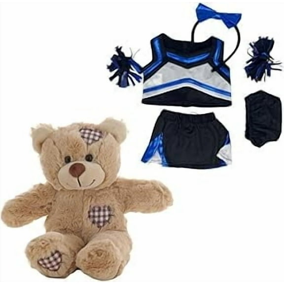 New 8-inch Brown Bear Stuffed Animal with Heart Patches in Metallic Royal & Black Cheerleader Uniform - Includes Cheer Bow and Pompoms - Cute Cheerleading Gift for Kids