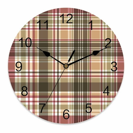Silent Wall Clocks Battery Operated, Red Brown Plaid Round Decorative Wall Clock for Living Room Bedroom Kitchen Bathroom Classroom Decor, 14 Inch Country Farmhouse Checkered