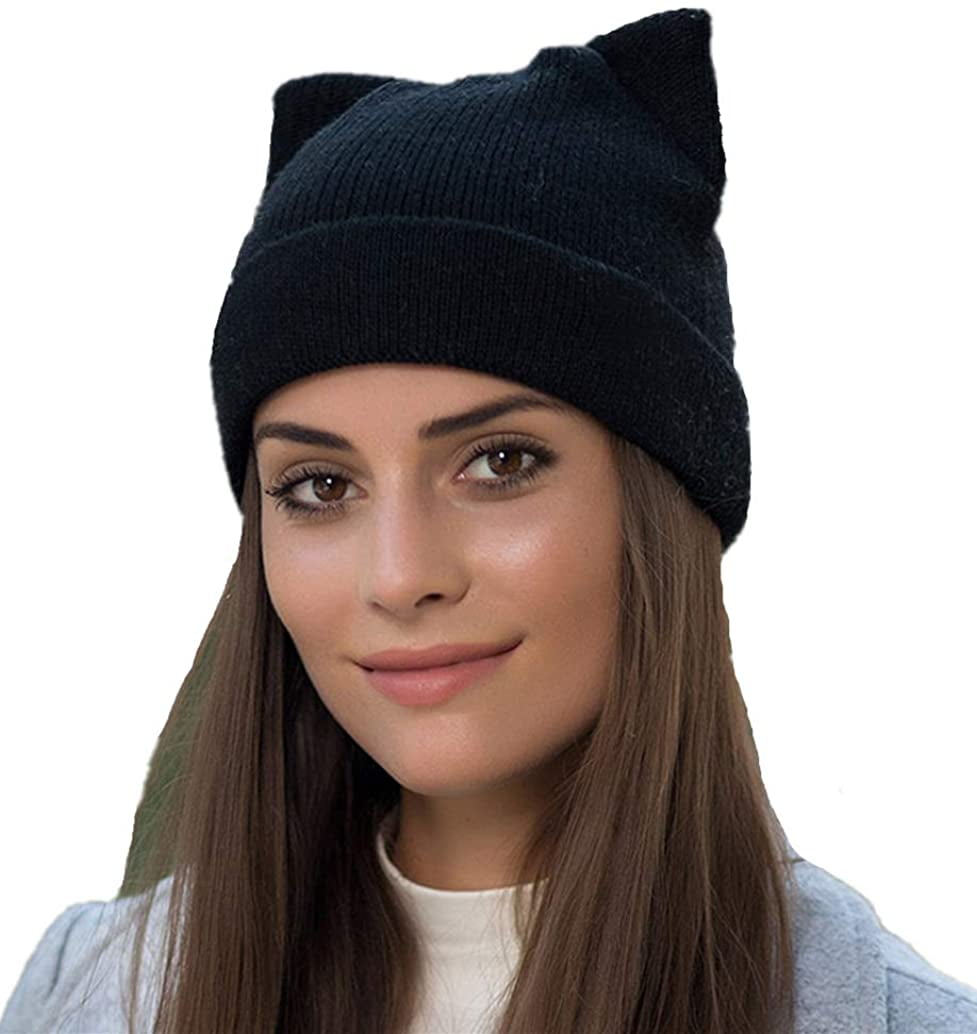 Women Cat Ear Beanie Hat Wool Braided 