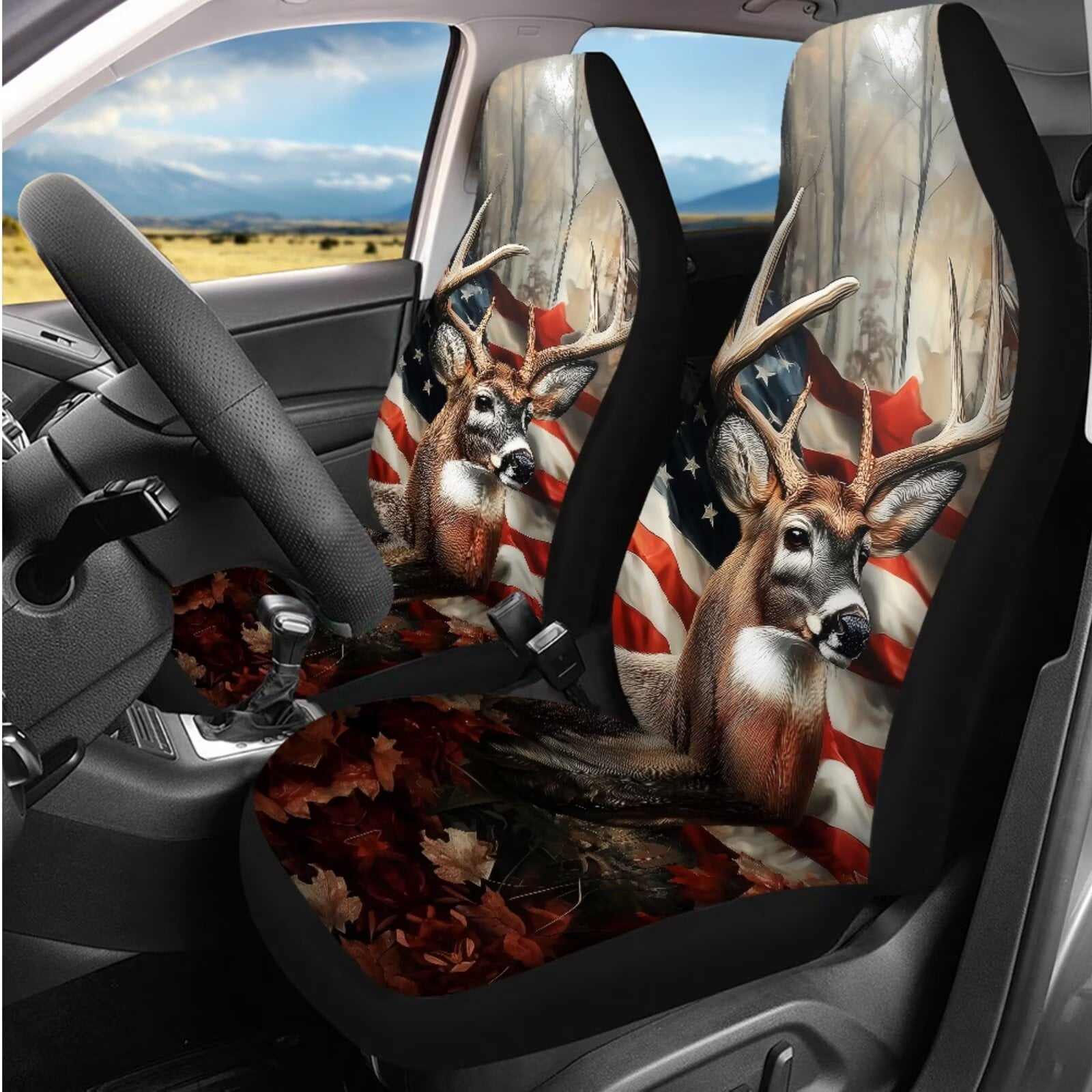 Binienty Hunting Deer Camo Automotive Seat Covers with Car Steering Wheel Cover American Flag Elastic Armrest Cushion Pad Seat Belt Cushion Pad Keychain Automotive Interior Accessories Set