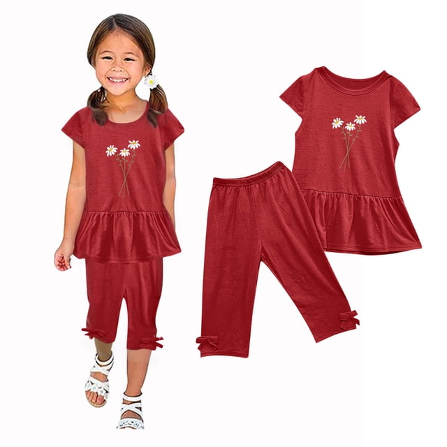 LSLJS Girl's Été Col Rond Petit Imprimé Manches Courtes Volants Taille Élastique Recadrée Pantalon Deux Pièces Ensemble Vêtements d'Été Vêtements pour Enfants à la Mode 2024