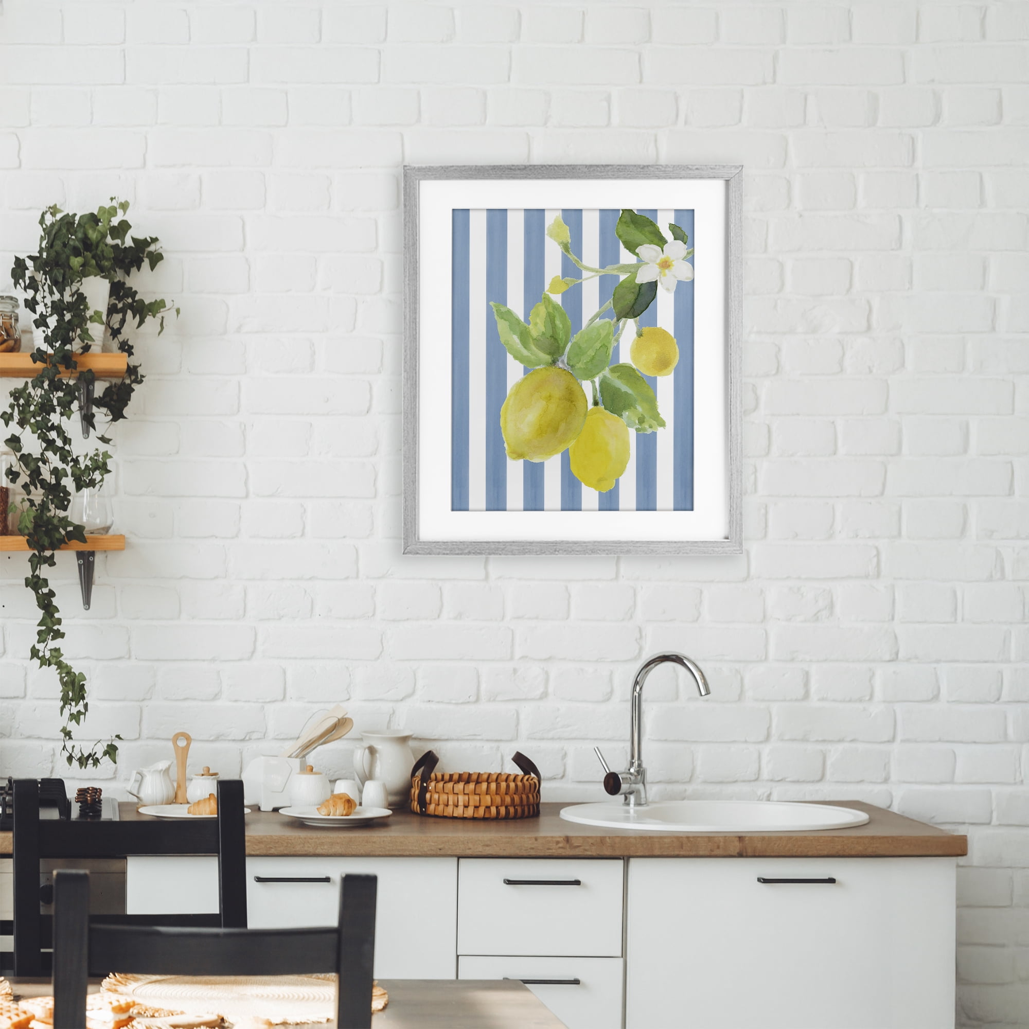 Stupell Industries Lemon Blossom on Blue Stripes Gray Framed Print Under Glass, design by Lanie Loreth