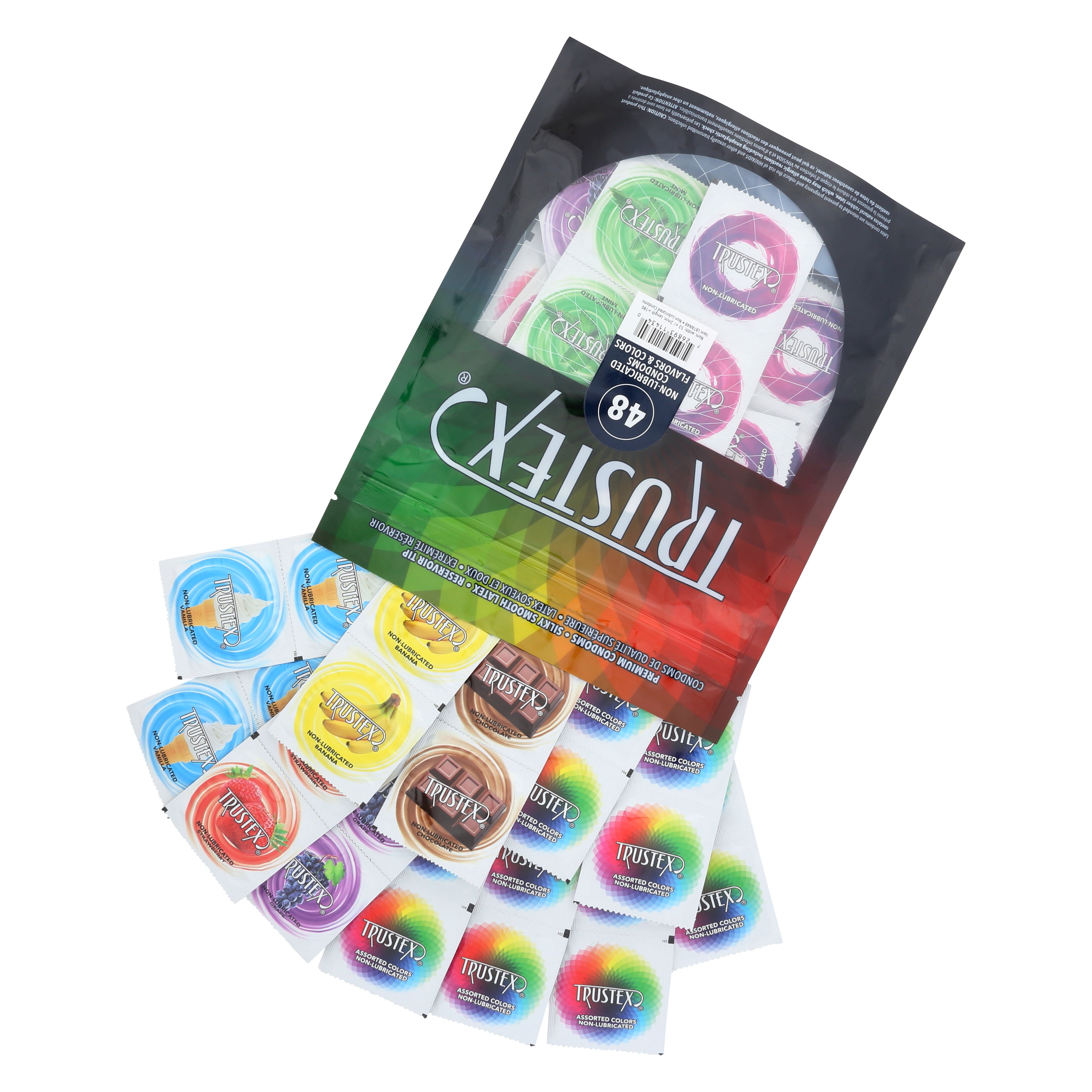 Trustex Non-Lubricated Latex Condoms Variety Pack, Flavored, Non-Lubricated  Natural, and Colored Condoms, Bag of 48