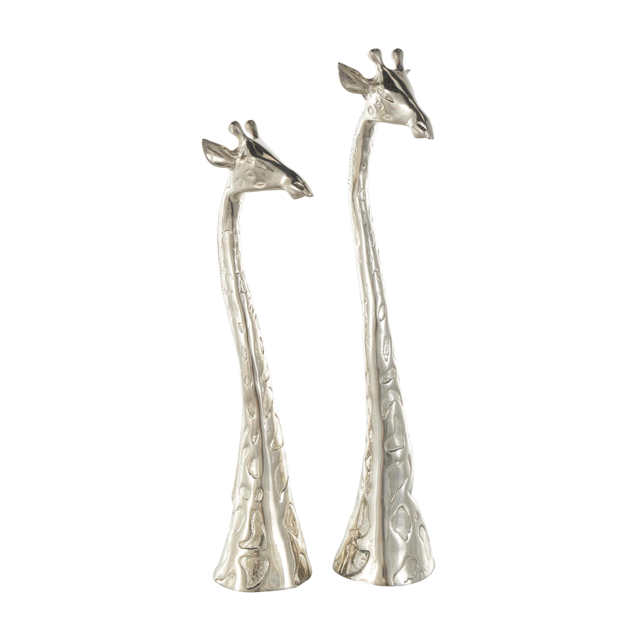 28", 27"H Silver Aluminum Metal Tall Giraffe Sculpture with Spotted Texturing, by DecMode (2 Count)