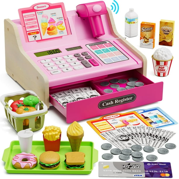 Caja registradora de madera Wee Wonders con calculadora y escáner