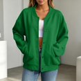 thumbnail image 3 of Bomber Jacket for Women Casual Snap Button Sweatshirt Long Sleeve Plain Jackets Women's Fall Winter Outfits (Green XXL), 3 of 4