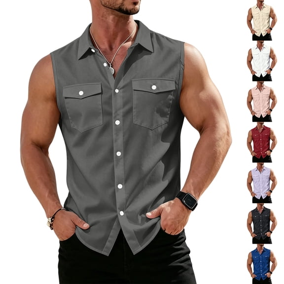 Mens Sleeveless Button Down Shirts Lightweight Casual Summer Beach Dress Tank Top with Chest Pocket, S