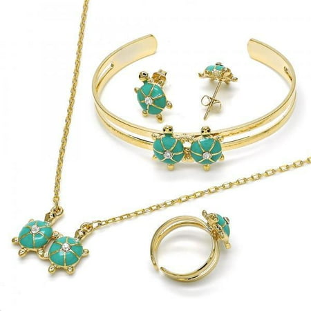 Folks Jewelry Charming Green Gold Layered Turtle Earring And Charming Green Gold Layered Turtle Earring And Pendant Children Set With White Crystal By Folks Jewelry