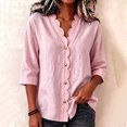 thumbnail image 2 of longantii Linen Shirts for Women Fashion Half Sleeve V-Neck Tops Classic Fit Solid Color Pullover Button Up Vacation Daily Wear for Spring Summer Pink M, 2 of 6
