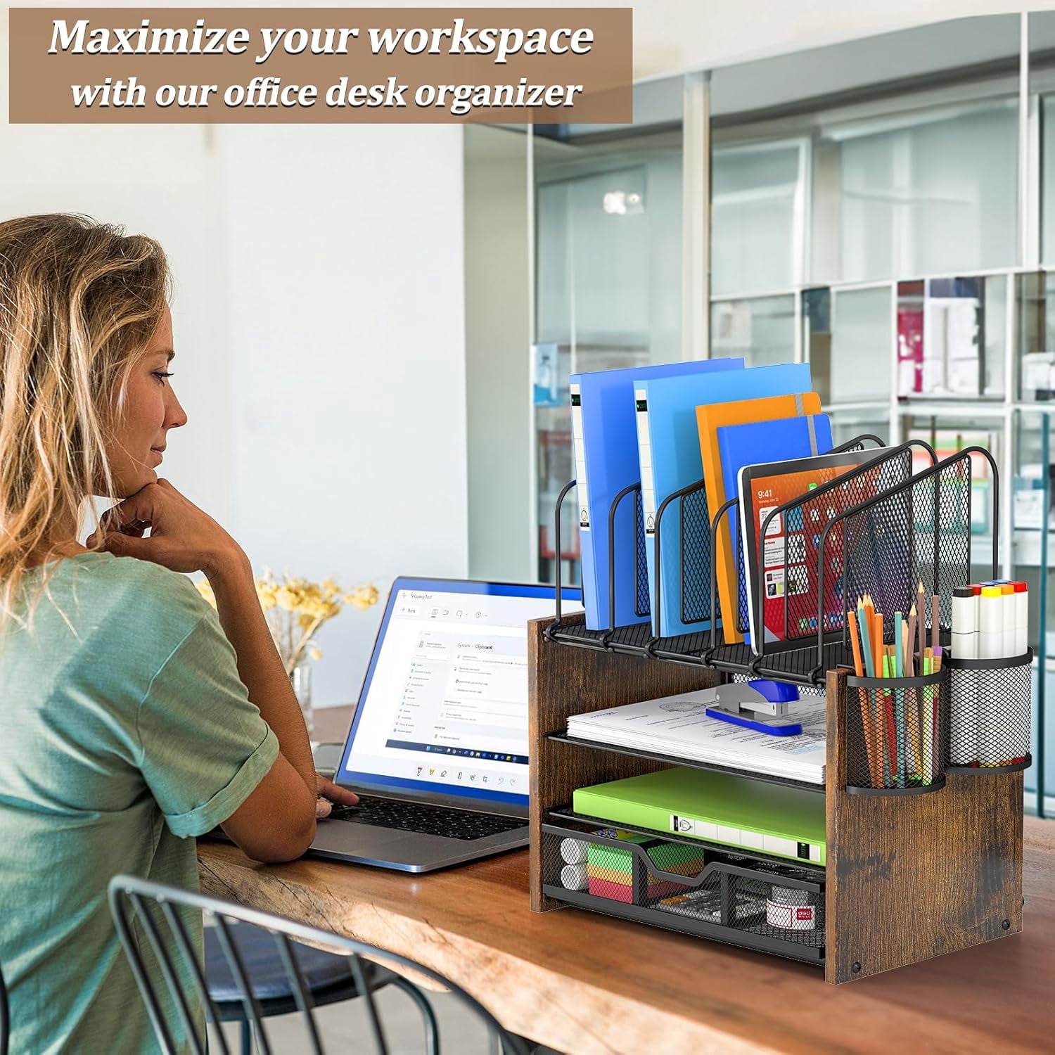 4-Tier Mesh Desk Organizer, Wooden Desk File Organizer with 5 Vertical File Holders and 2 Pen Holders, Desktop Organizers and Accessories with Drawer for Home Office
