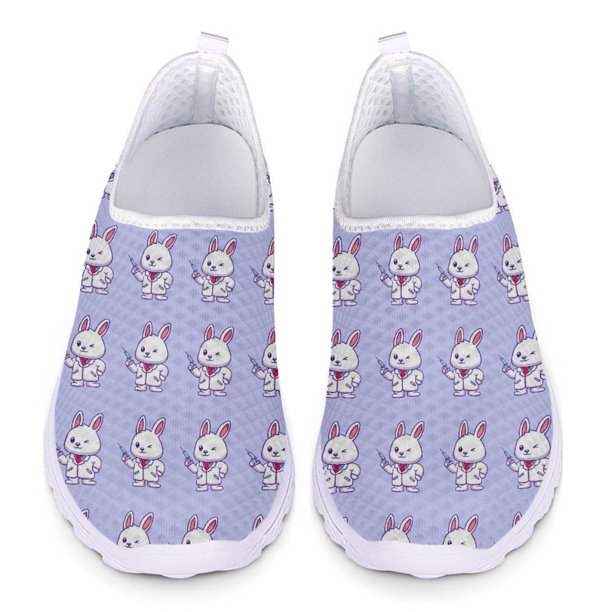 Zapatos casuales con estampado de conejito de enfermera de dibujos animados lindos para damas, zapatillas planas cómodas de verano para mujeres, zapatos de enfermera de trabajo de hospital para mujere