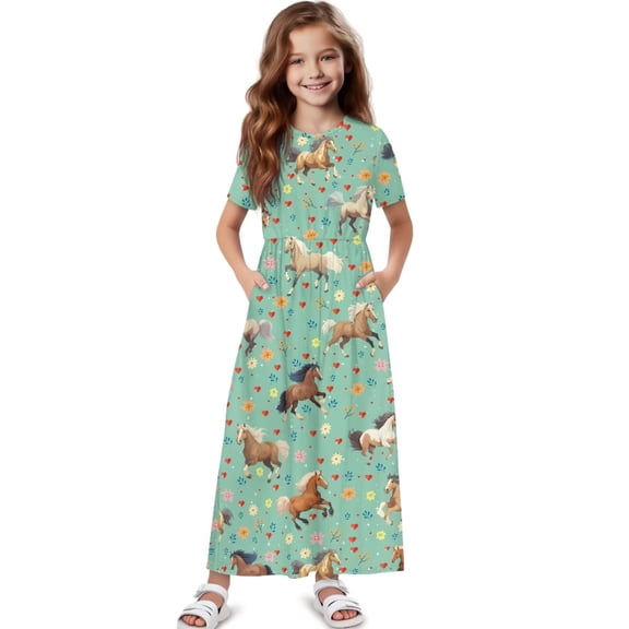 Uourmeti Tween Girls Maxi Dress Short Sleeve Round Neck Casual Flowy Horse Print Summer Long Dress for Girls Big Kids, Size 9-10 Years