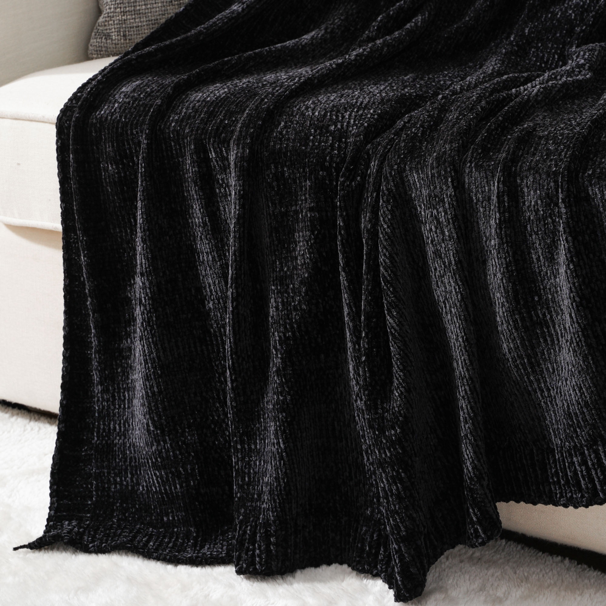 Battilo Black Chenille Throws for Couch,Soft Lightweigt Knitted Blanket for Living Room,51"x67"