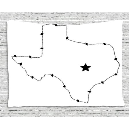 Control Map - Texas Star Tapestry, USA State Map with Barbed Wire Pattern Monochrome Border Control Image, Wall Hanging for Bedroom Living Room Dorm Decor, 60W X 40L Inches, Black and White, by Ambesonne
