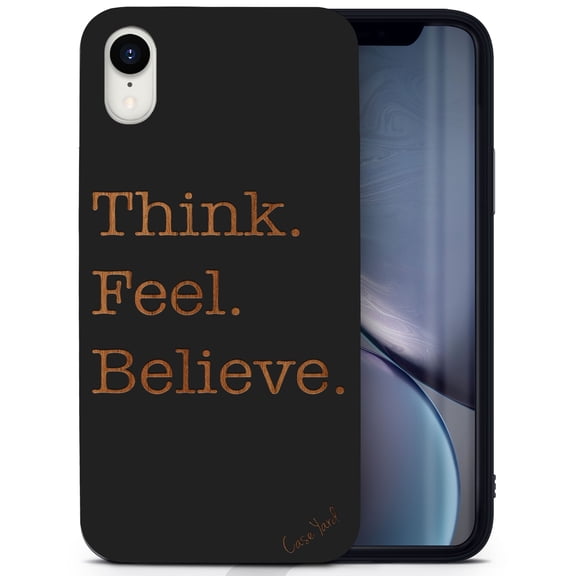 Wood phone case for iPhone XR compatible protective cell phone cover shockproof slim fit laser engraved Think. Feel. Believe. design Black wood case for Men & Women by CaseYard