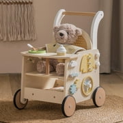 Robud Wooden Baby Walker, Baby Push Walker, Baby Activity Center Toys - Toddler Walking Activity Center Push Toys with Safety Brake, Baby Walker for Motor Skills (Rattan Doll Walker)