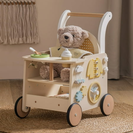 Robud Wooden Baby Walker, Baby Push Walker, Baby Activity Center Toys - Toddler Walking Activity Center Push Toys with Safety Brake, Baby Walker for Motor Skills (Rattan Doll Walker)