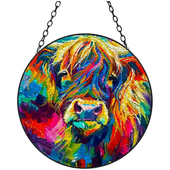 Rainbow Color Highland Cattle Stained Glass Suncatcher Handmade Window Hanging Colored Glass Suncatcher Crafts Kits for Indoor Garden Decor Memorial Gift 16x16cm(1)