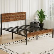 VECELO Full Bed Frame with Wooden Headboard, Rustic Industrial Platform Bed and Strong Metal Slats, No Box Spring Needed, Brown