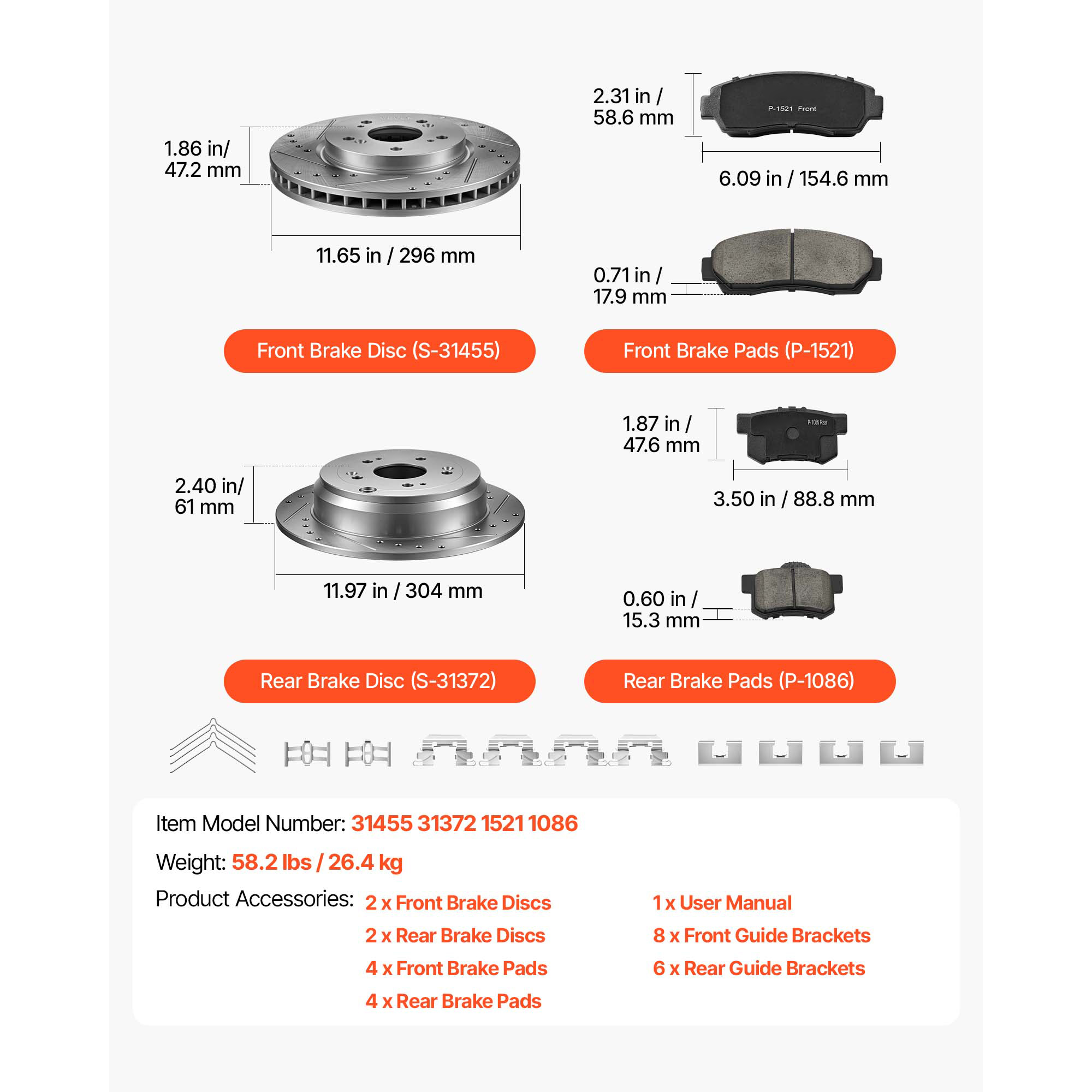 KFFKFF Front and Rear Brake Kit Compatible with 2012-2016 Honda CR-V (AWD), Cast Iron Drilled and Slotted Rotors, Ceramic Brake Pads Replacement Set, 11.65-inch Front Rotors and 12-inch Rear Rotors