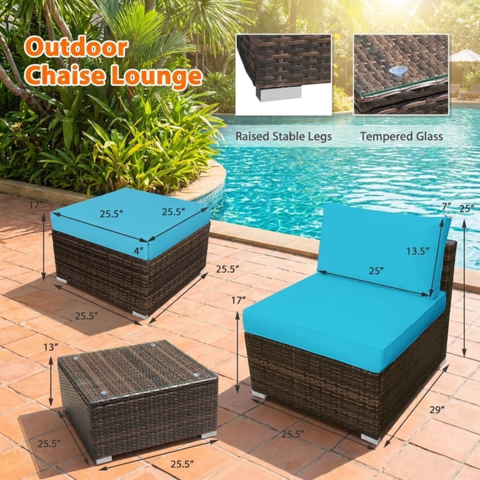 Furnibear 5 Piece Patio Furniture Set Outdoor Wicker Conversation Set with Cushioned Armless Sofas and Coffee Table for Garden Deck, Turquoise