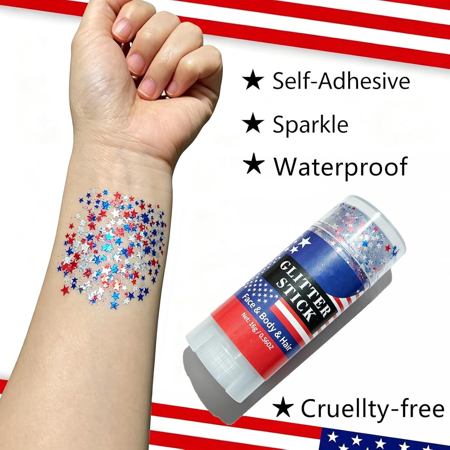 PiGOGI Red White and Blue Face Hair Glitter Stick,Patriotic USA Flag Star Face Glitter for Independence Day Memorial Day,4th of July Outfits for Women Kids,Fourth of July Accessories,0.56oz