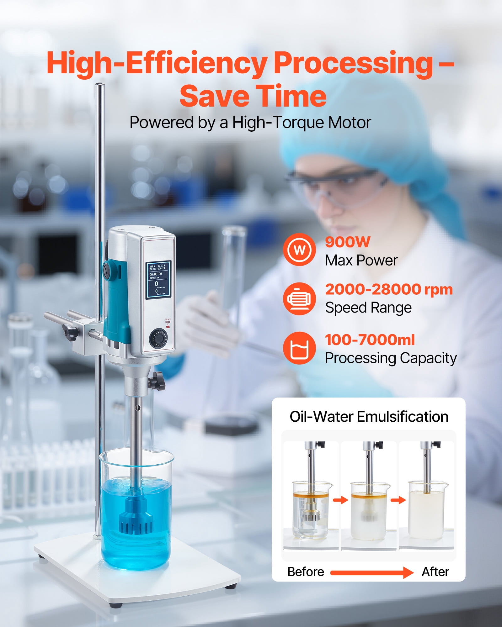 VEVOR Homogenizer, 900 W Laboratory High Speed Dispersing Homogenizer, 2000-28000RPM High Shear Lab Mixer Emulsification Machine, Digital Display Blender, Stainless Steel