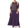 J Kara Womens Plus Size Beaded Sleeveless Long Dress with Scarf, Plum/Mercury, 16W