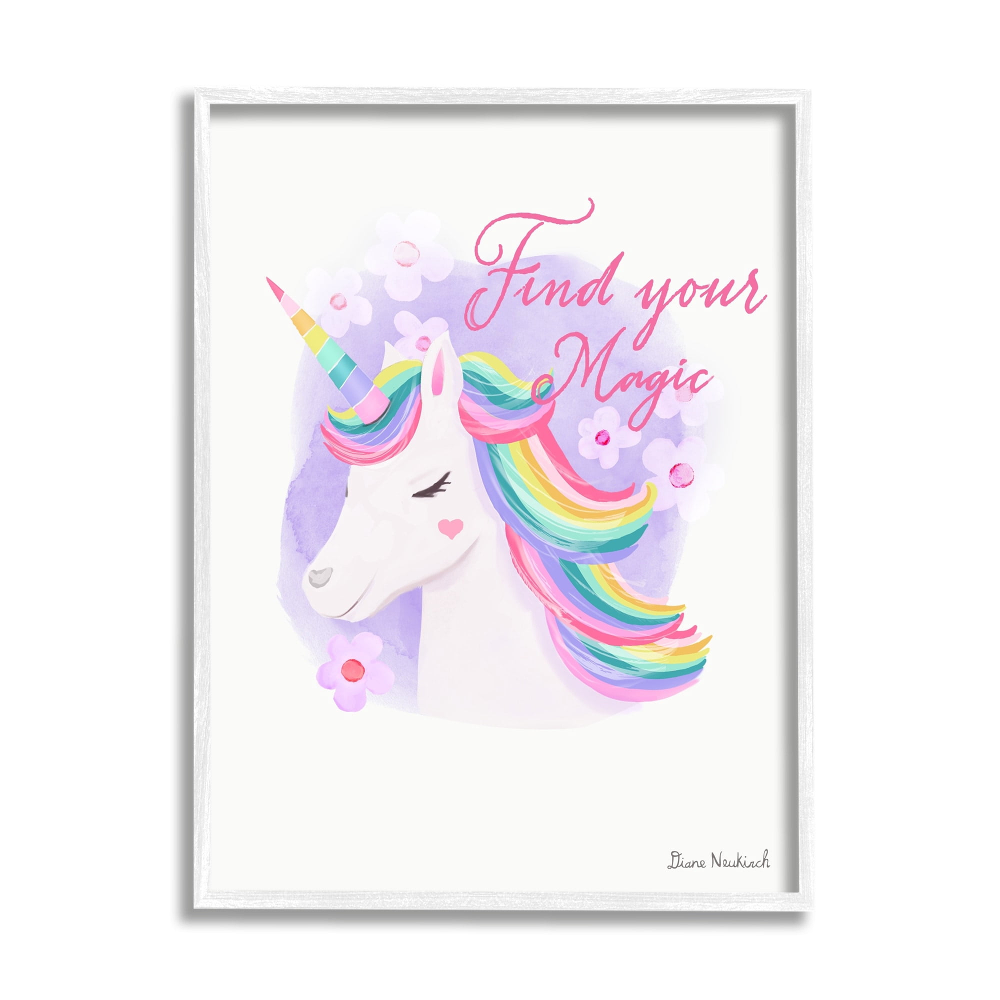 Stupell Industries Find Your Magic Bold Rainbow Floral Unicorn Mane Graphic Art White Framed Art Print Wall Art, Design by Diane Neukirch