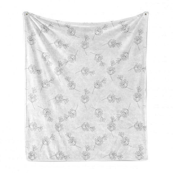 Nature Soft Flannel Fleece Blanket, Print of Pencil Drawn Inspired Flower Drawings Illustrated on a Plain Background, Cozy Plush for Indoor and Outdoor Use, 70" x 90", Grey and White, by Ambesonne