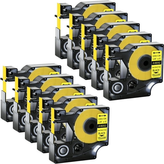 GREENCYCLE 10PK Industrial Rhino Heat Shrink Tubes Compatible for DYMO 18052 6mm 1/4" Black on Yellow Cable Label Tape