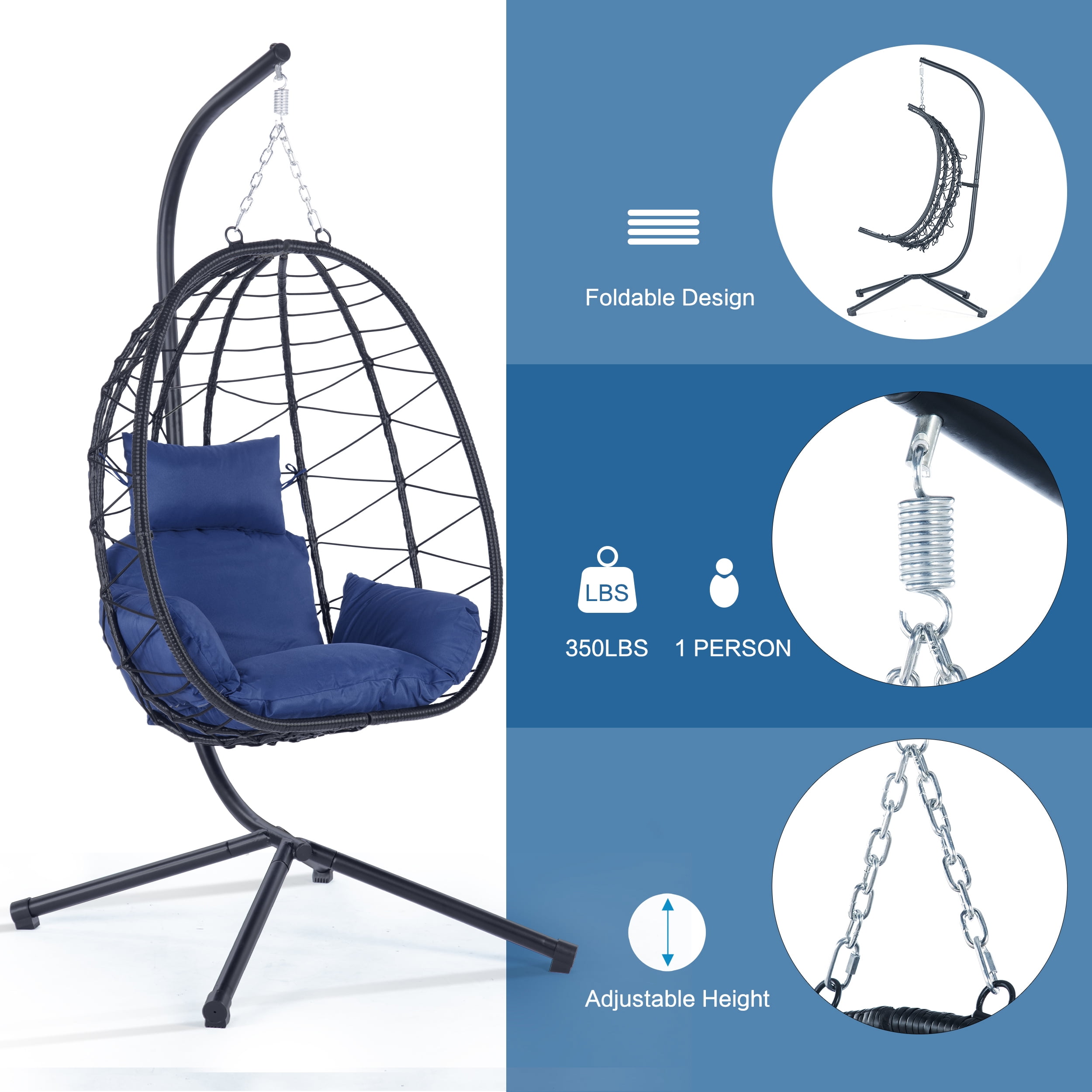 Hanging Egg Chair with Stand, Indoor Outdoor PE Wicker Swing Basket Hammock Chair, 350lbs Capacity with Washable Deep Blue Cushion for Bedroom Living Room Balcony Patio Garden