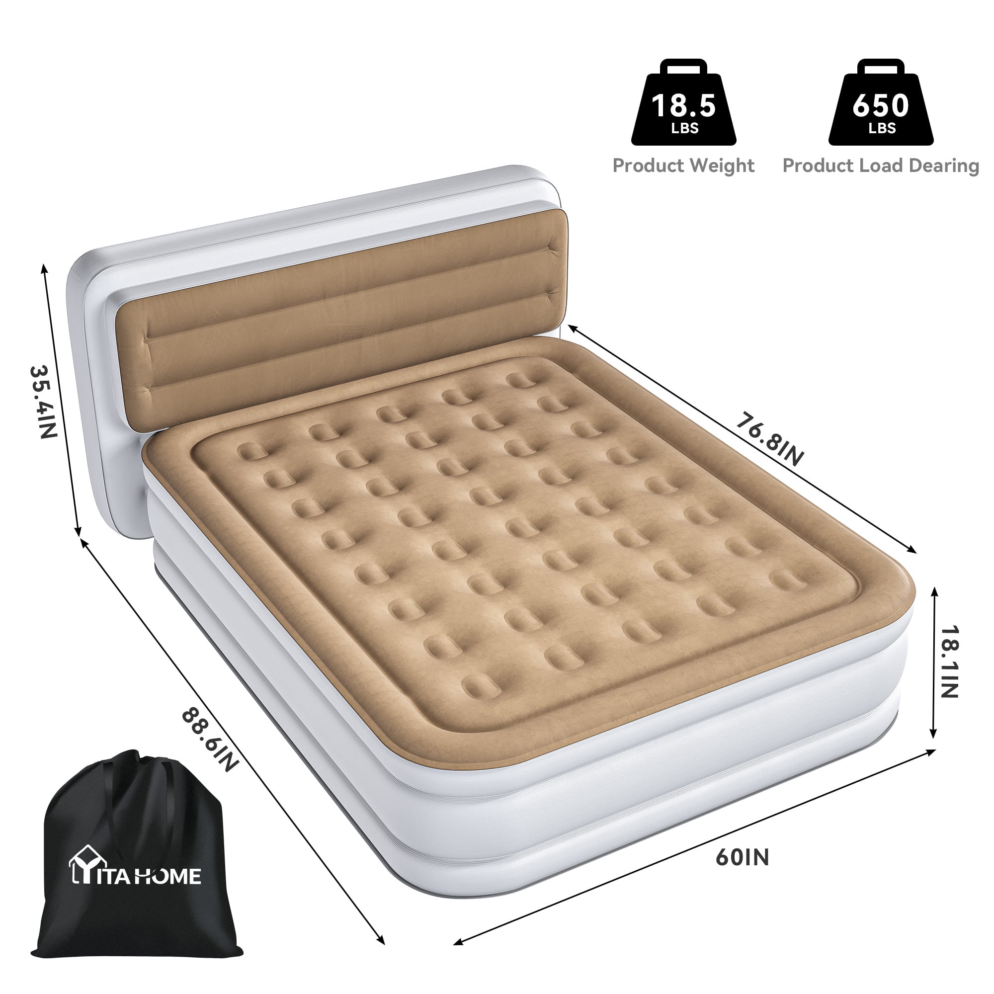Uforic Queen Size Air Mattress with Pump and Banded Headboard, 18in Luxury Flocked Top Blow up Mattress, Durable Inflatable Mattress for Home & Guests, Khaki Air Bed
