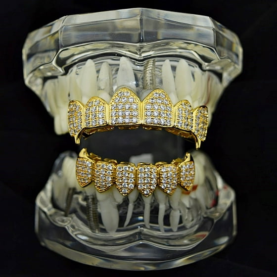Best Grillz 18K Gold Plated Grillz Set Fang CZ Bling Upper Top And
