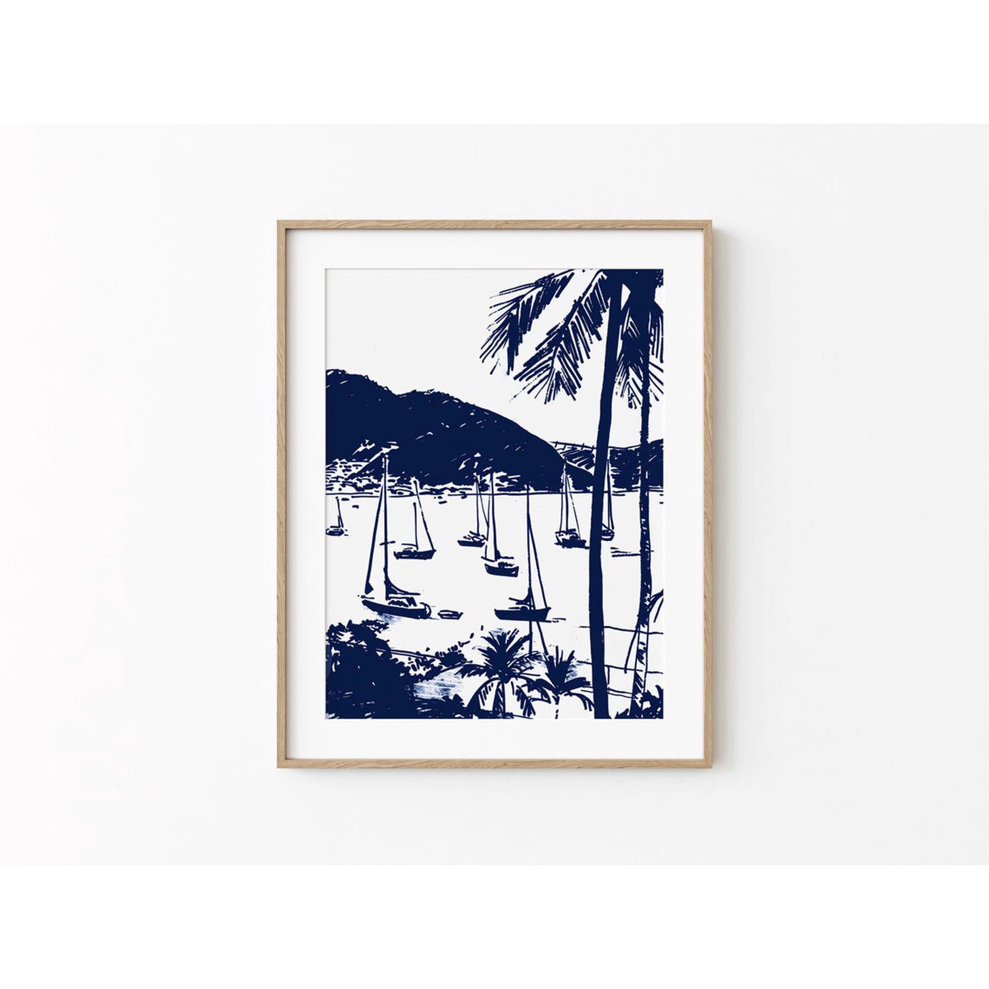 Sailboat Cove Boats In The Bay Beach House Abstract Coastal Blue Trendy Boat Sketch Sailors Wall Art Print