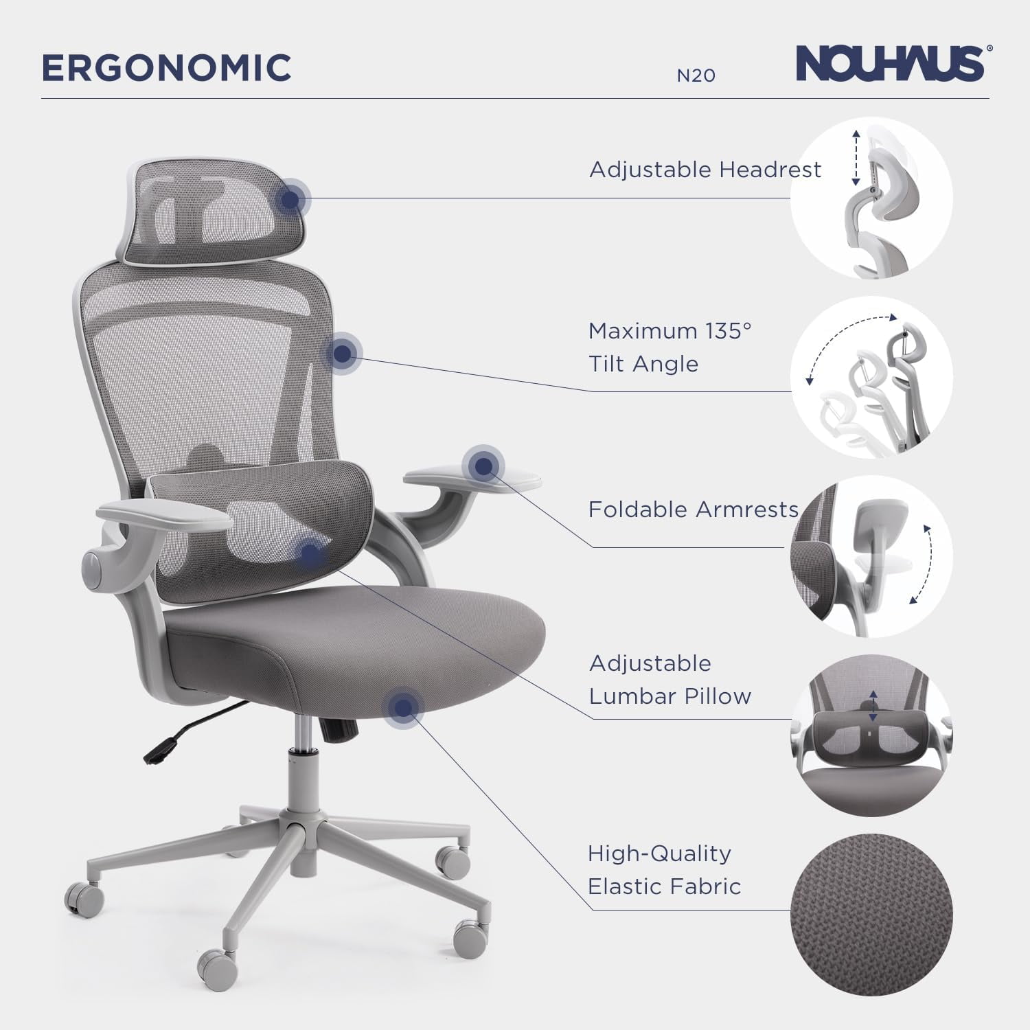 Nouhaus Ergo Fit High Back Ergonomic Mesh Office Chair with Adjustable Lumbar Support for Home Office & Study Room, Gray