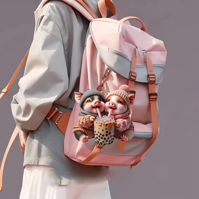 Cute Car Accessories,Acrylic Two Little Pigs Drinking Milk Tea Pendant Car Rearview Mirror Decoration Pendant Backpack Keychain Accessories,Keychains for Backpacks,Mirror for Car