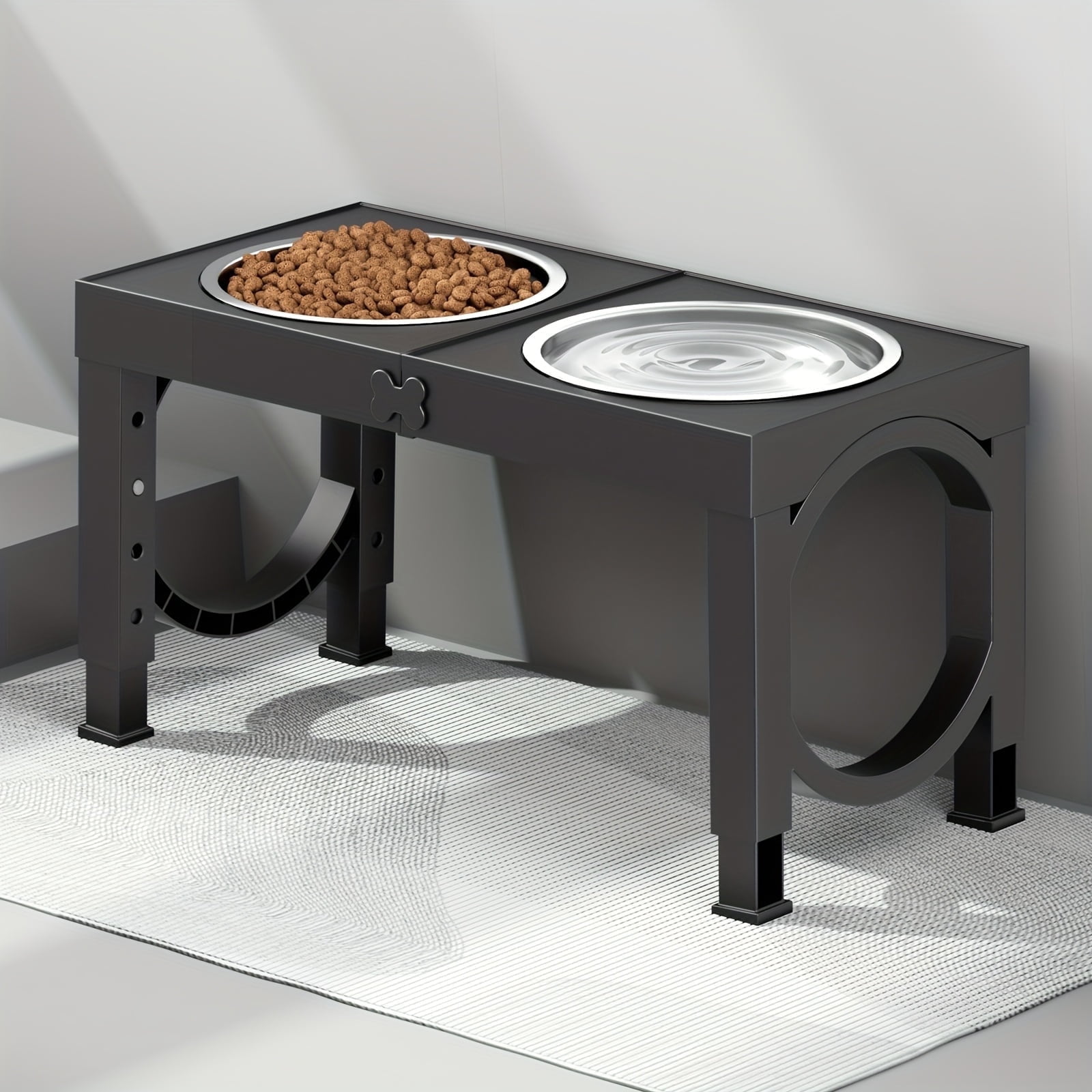 Aystkniet Adjustable Foldable Double Pet Dish Stand with 2 Stainless Steel Bowls, 5 Heights, Anti-Slip Design, Black