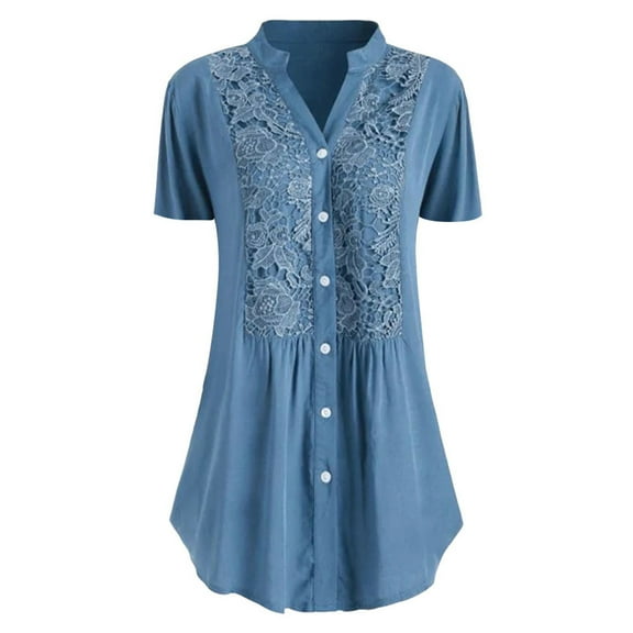 Fesfesfes Plus Size Shirts for Women Casual Lace Patchwork Solid Color Short Sleeves Blouse V-Neck Henley Neck Tees Shirts Buttons Down Tops