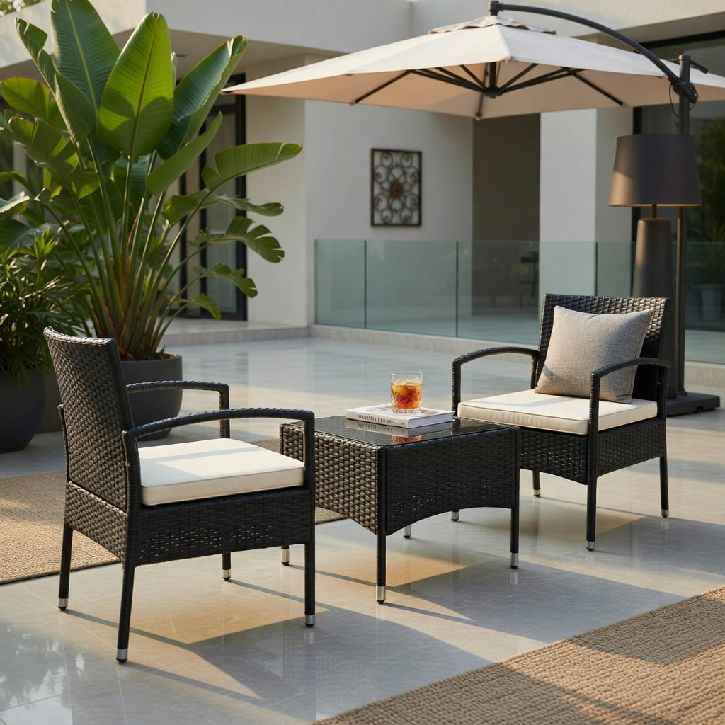 Hommoo 3-Piece Outdoor Wicker Patio Furniture Set, PE Rattan Chairs with Thick Cushions + Tempered Glass Coffee Table, Weather-Resistant for Backyard, Garden & Patio, White