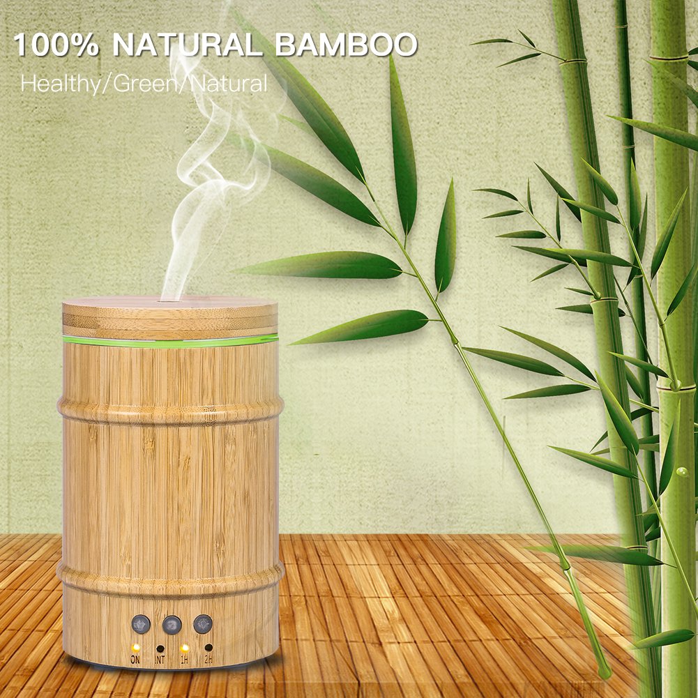 Estink Real Bamboo Wood Essential Oil Diffuser, 150mL Ultrasonic Aromatherapy Humidifier with 7 Colorful LED Lights and Waterless Auto Shut-off for Home Yoga Baby Room